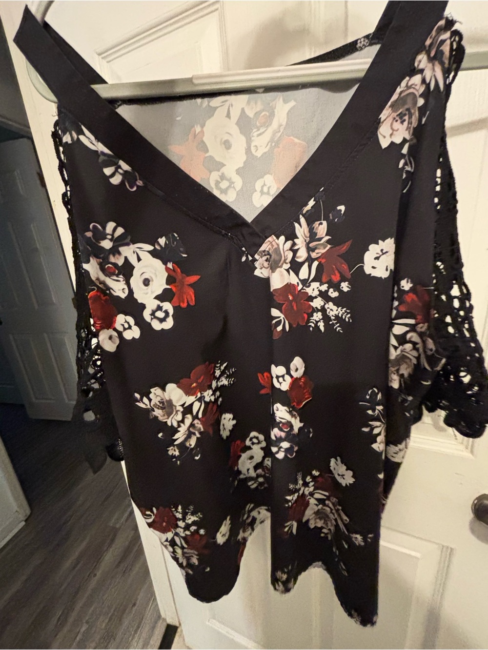 Black Floral Cold-Shoulder Top with Lace Trim